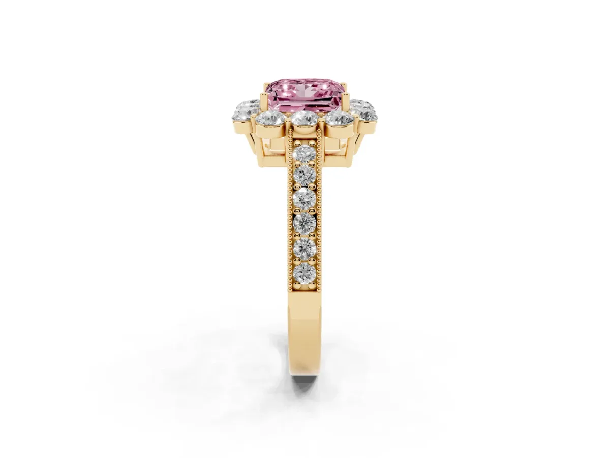 Fancy Pink Princess Cut Cut Halo Diamond Pavé Engagement Ring with Milgrain Detailing Yellow gold