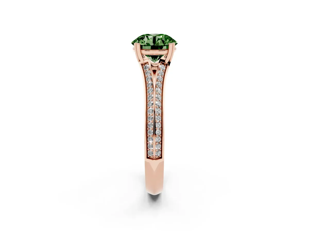 Fancy Green Round Cut Diamond Split Shank Engagement Ring with Pavé Band Rose gold