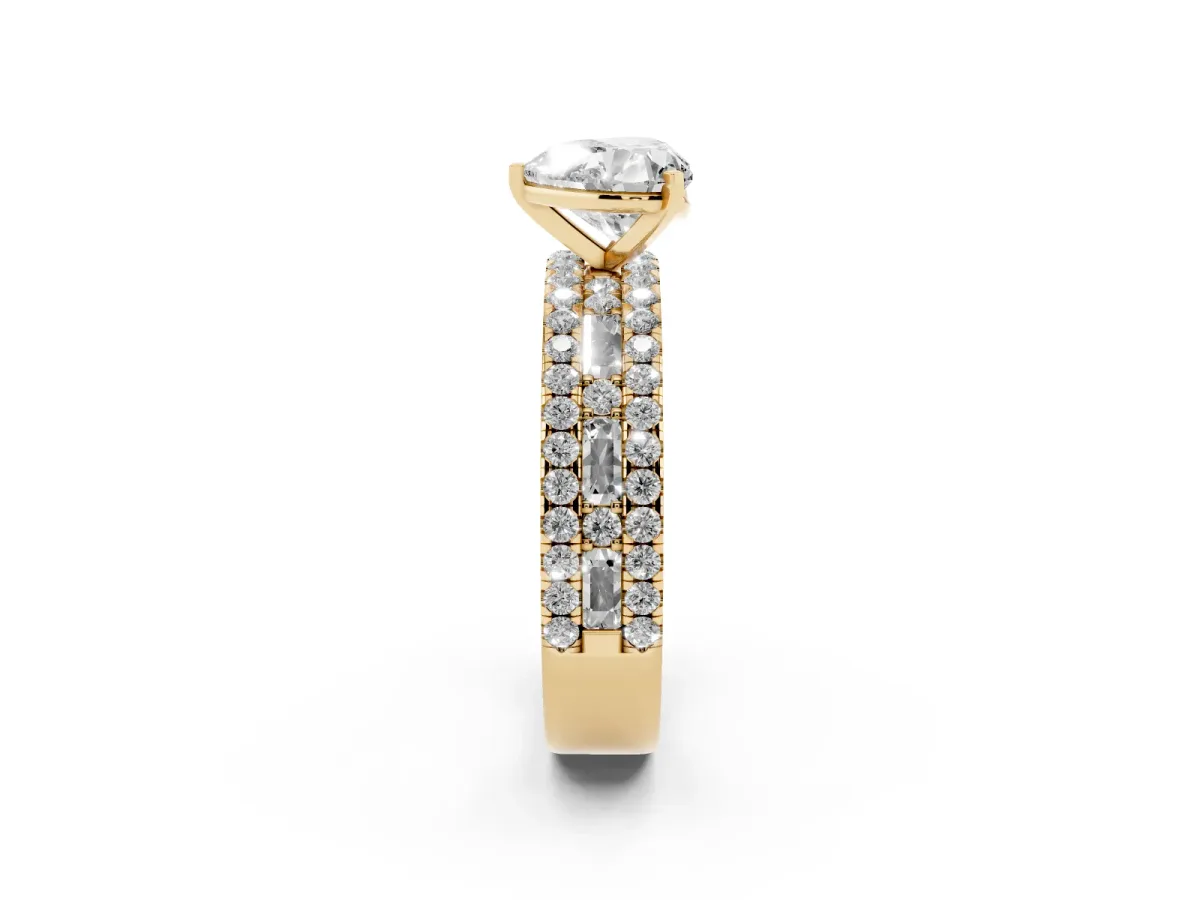 Heart Cut Diamond Solitaire Ring with Pavé and Channel Set Band Yellow gold