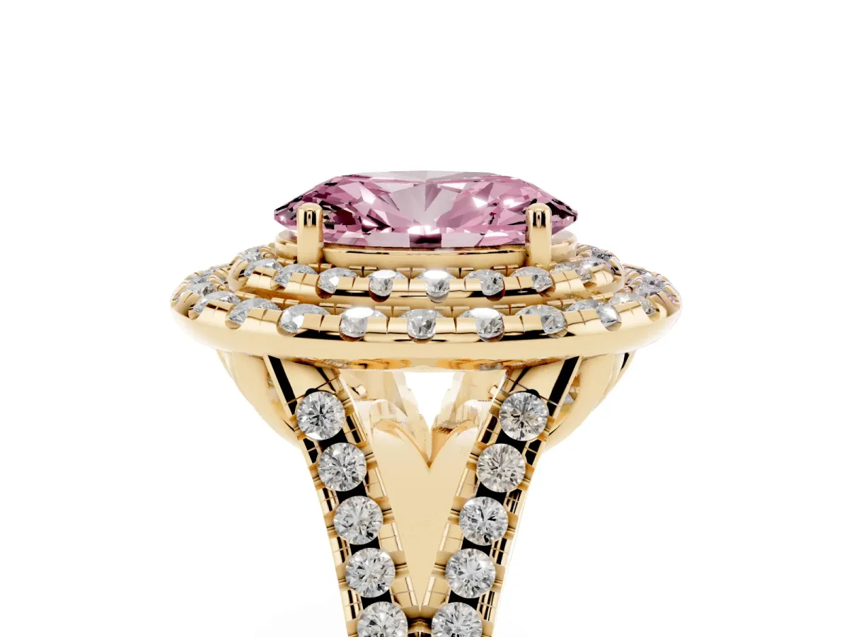 Fancy Pink Double Halo Oval Cut Diamond Pavé Split Shank Ring with Prong Setting Yellow gold