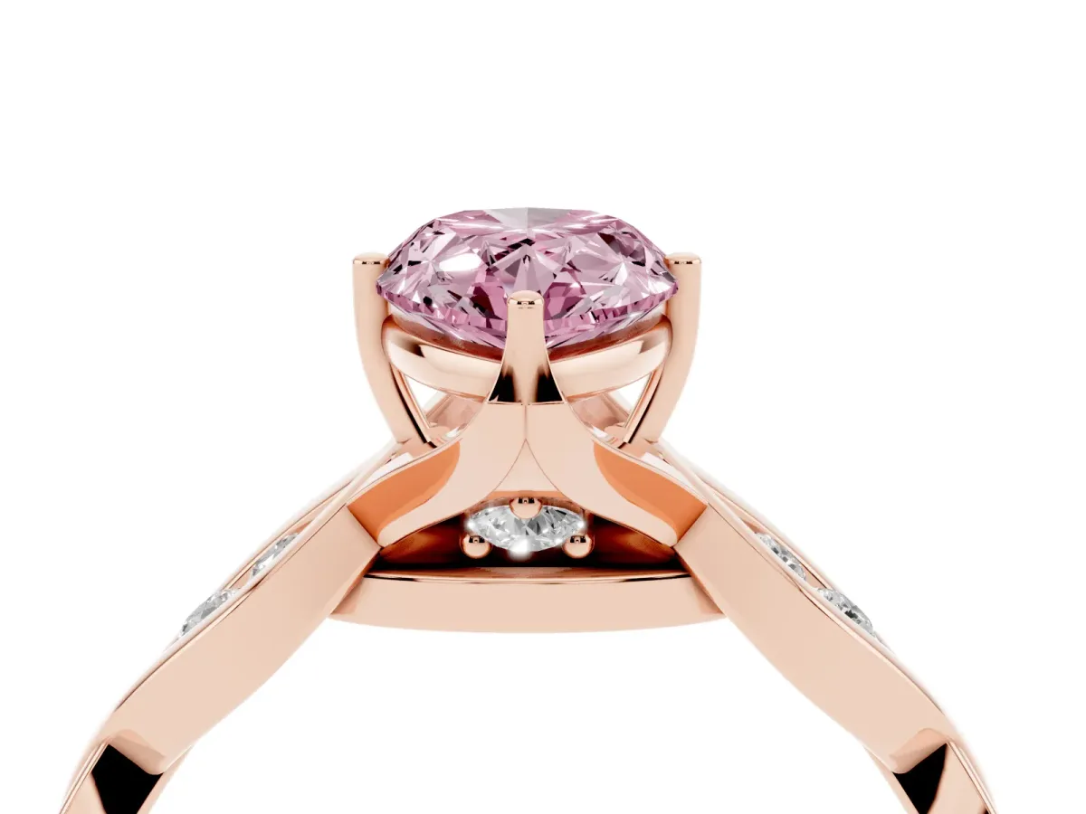 Fancy Pink Pear Cut Solitaire Twist Band with Leaf Prong Setting Rose gold