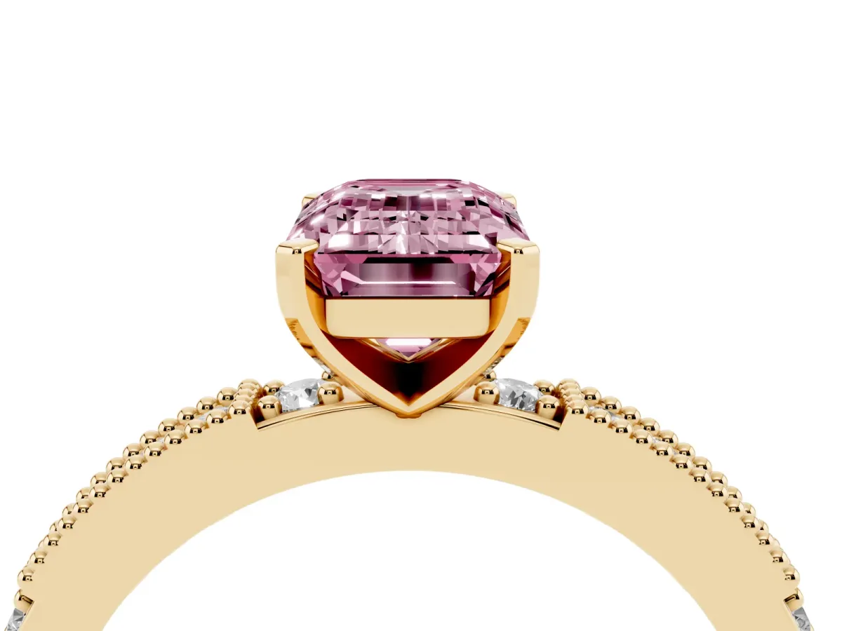 Fancy Pink Emerald Cut Solitaire with Pavé Band and Four-Prong Setting Yellow gold