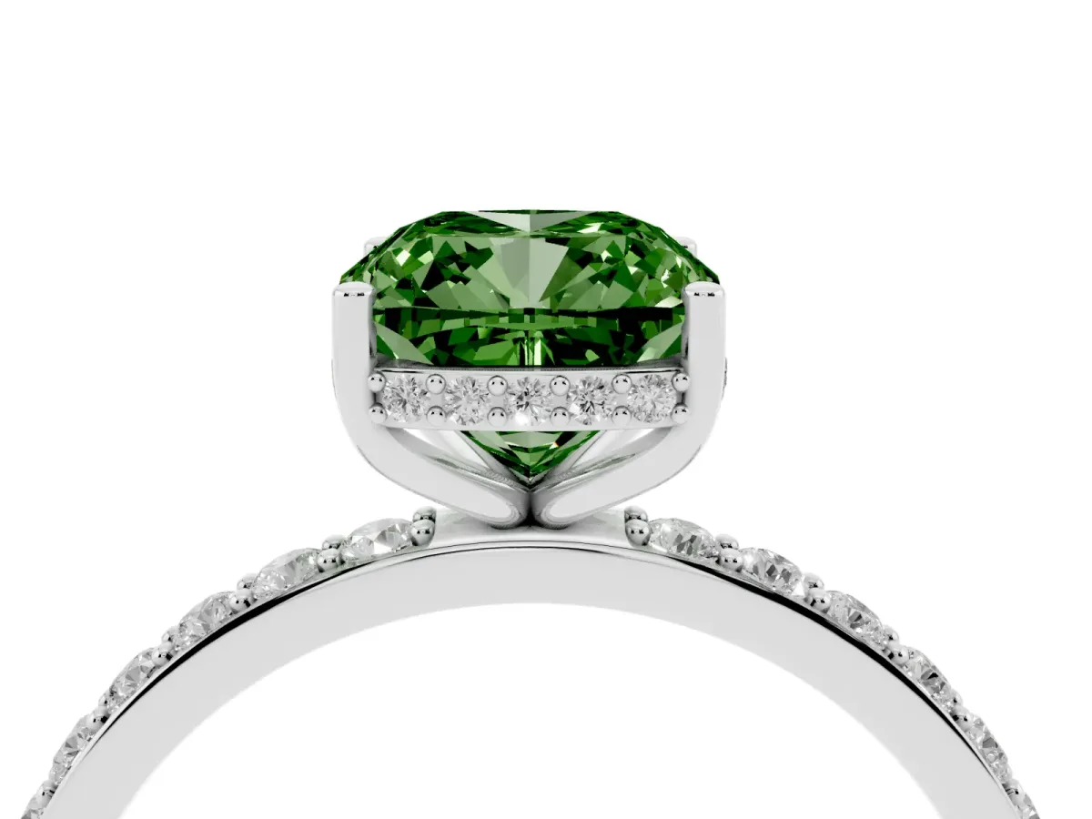 Fancy Green Cushion Cut Diamond Solitaire Ring with Pavé Band and Hidden Halo Platinum