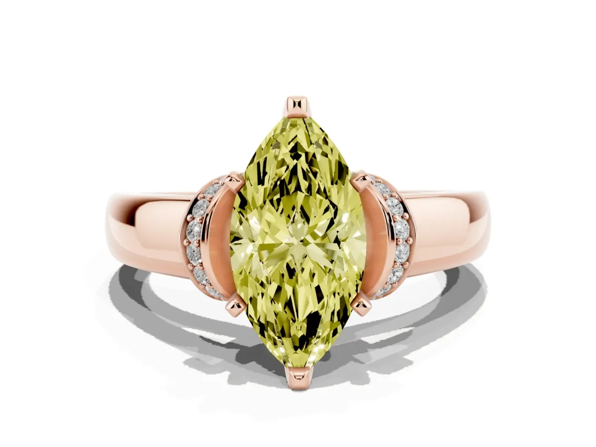 Fancy Yellow Marquise Cut Solitaire Diamond Ring with Pave Band and Six-Prong Setting Rose gold