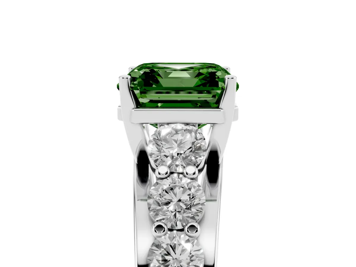 Fancy Green Asscher Cut Diamond Engagement Ring with Pavé Band and Four-Prong Setting Platinum