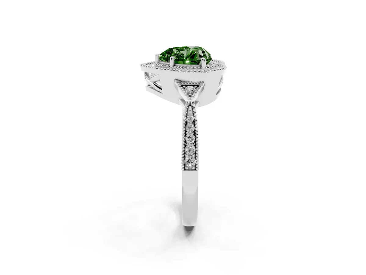 Fancy Green Heart Cut Halo Round Diamond Milgrain Pave Engagement Ring Platinum
