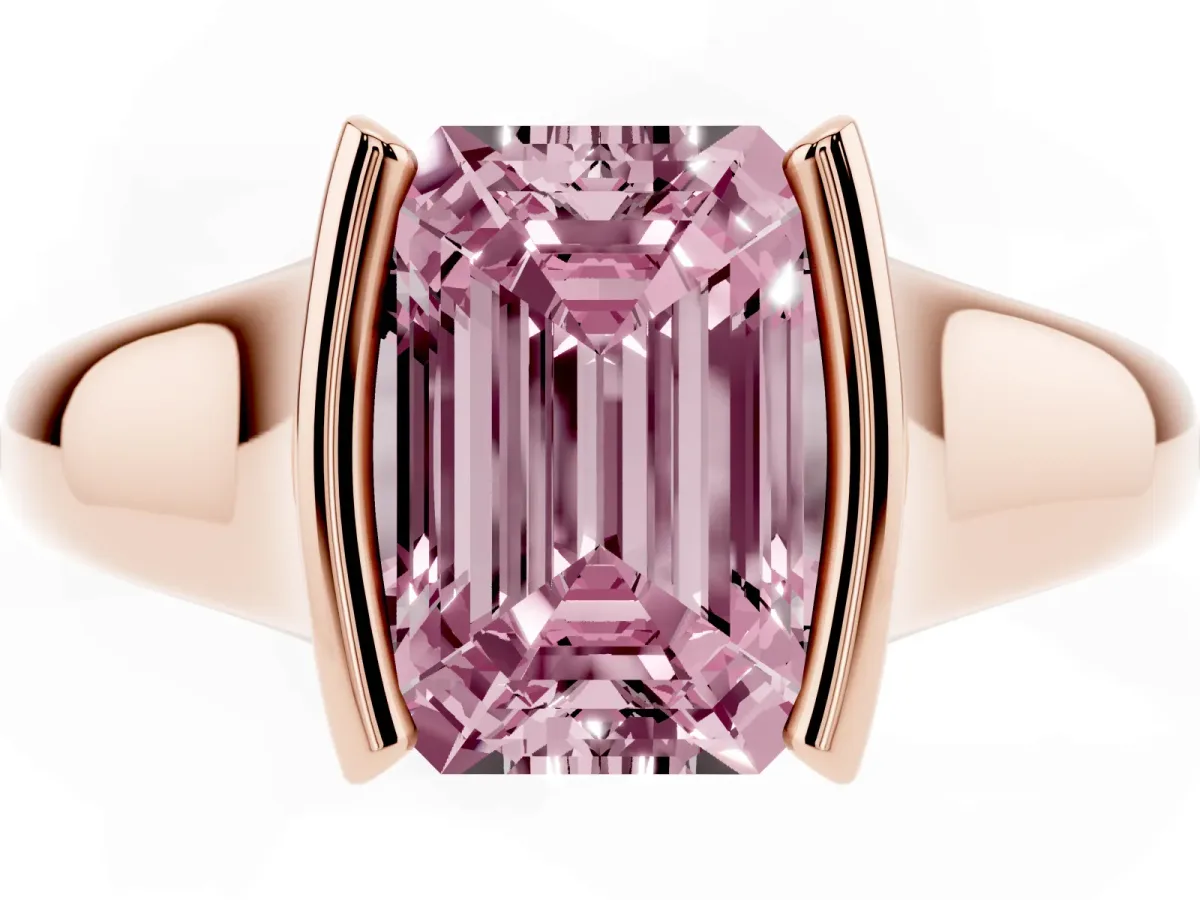Fancy Pink Emerald Cut Solitaire Tension Set Diamond Ring with Split Shank Band Rose gold
