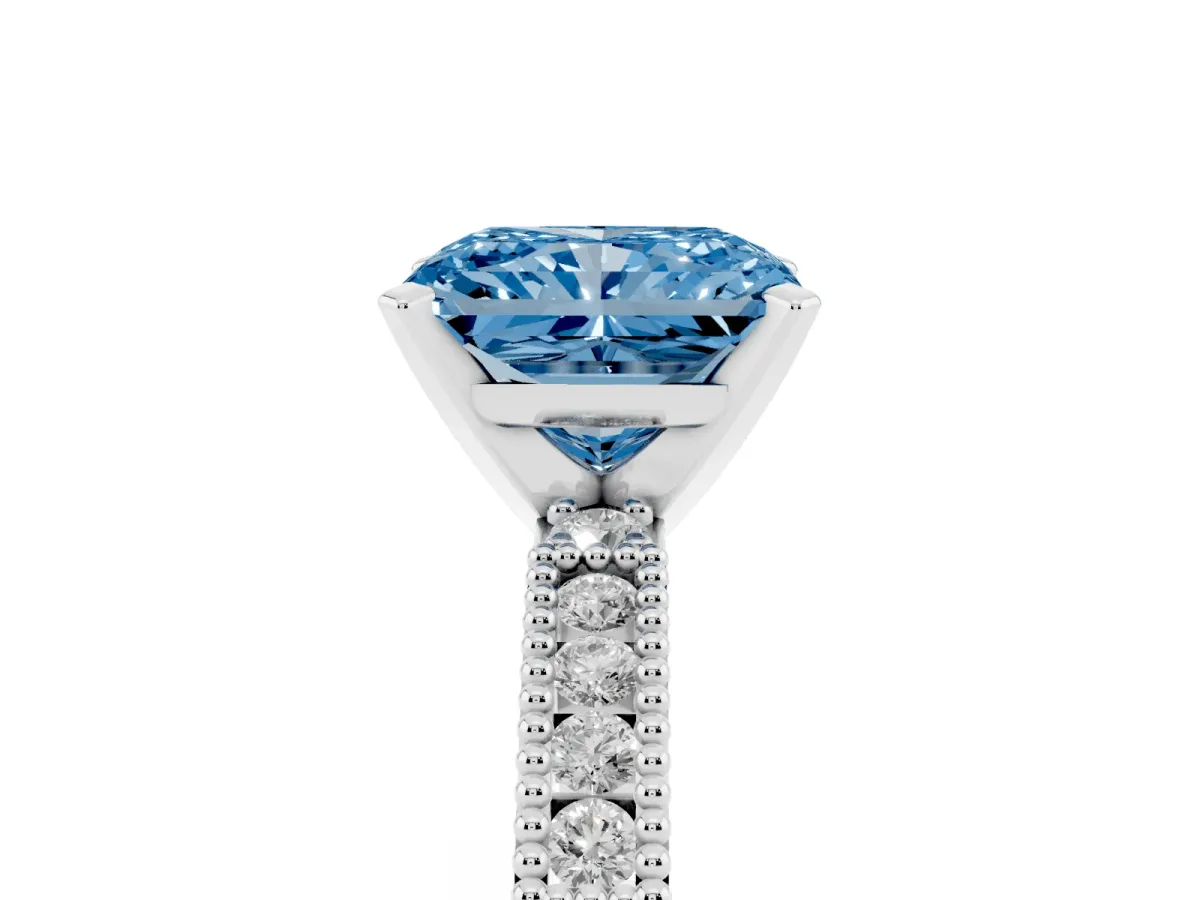 Fancy Blue Radiant Cut Solitaire with Pavé Band and Four-Prong Setting Silver