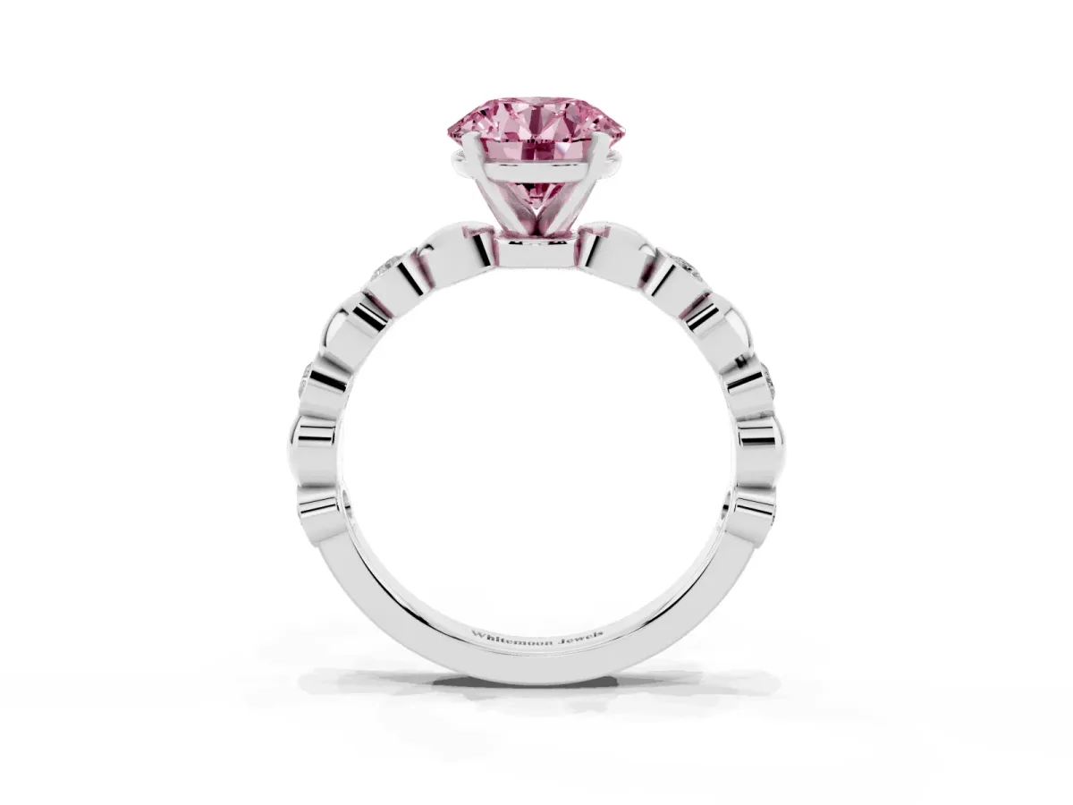 Fancy Pink Round Cut Solitaire Bezel-Set Diamond Ring with Beaded Band and Four-Prong Setting Silver