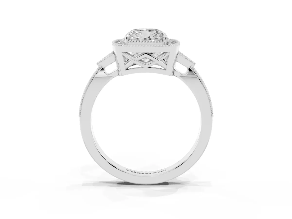 Cushion Cut Halo Round Diamond Milgrain Pave Engagement Ring Silver