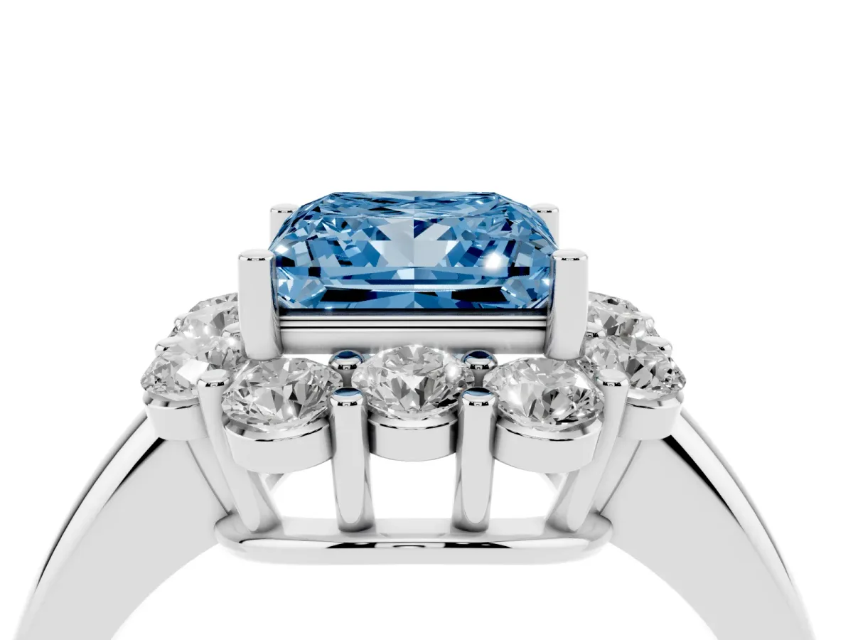 Fancy Blue Princess Cut Halo Milgrain Solitaire with Bezel Set Side Stones and Pave Band Platinum