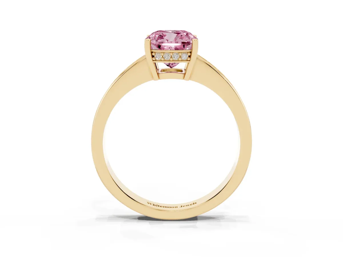 Fancy Pink Cushion Cut Solitaire Pavé Band Prong Setting Ring Yellow gold