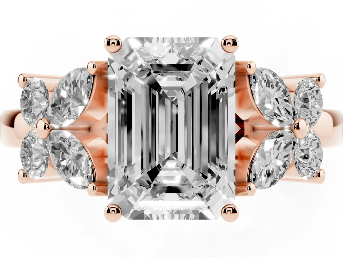 Emerald Cut Diamond Floral Cluster Ring with Solitaire Band and Prong Setting Rose gold