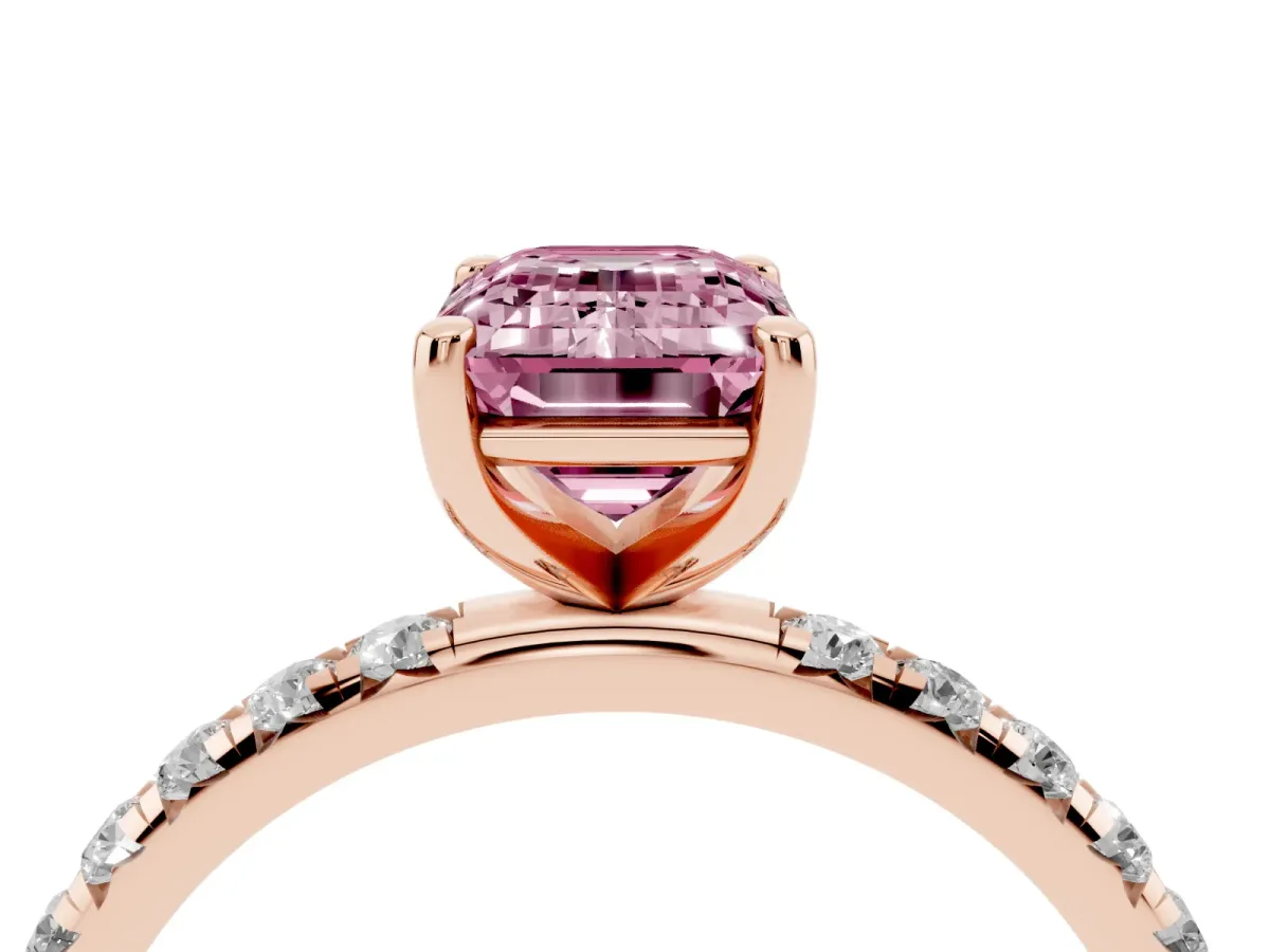Fancy Pink Emerald Cut Cut Diamond Solitaire Ring with Micro Pave Band and Four Prong Setting Rose gold