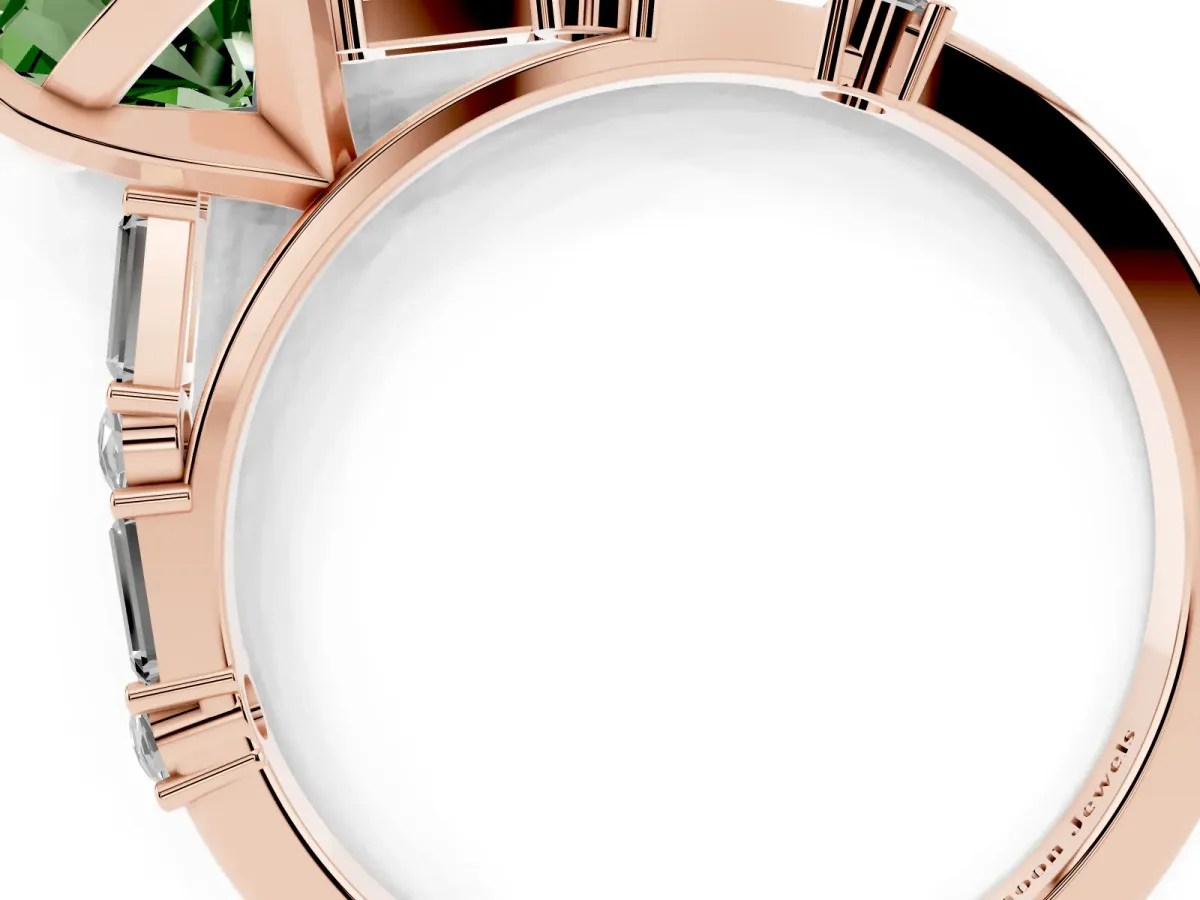 Fancy Green Round Cut Diamond Solitaire with Side Baguettes and Channel Set Band Rose gold
