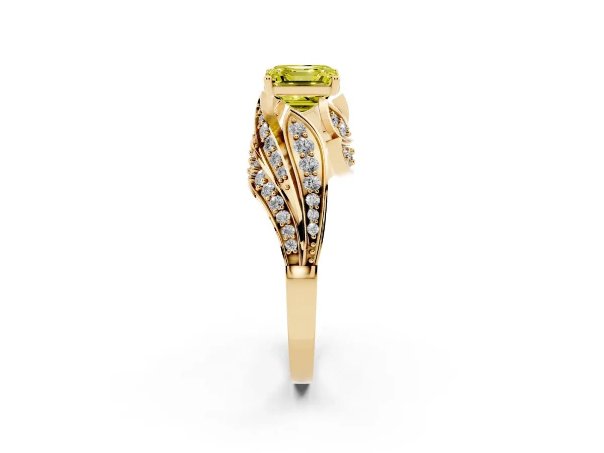 Fancy Yellow Asscher Cut Diamond Solitaire Ring with Prong Setting and Twisted Pavé Band Yellow gold
