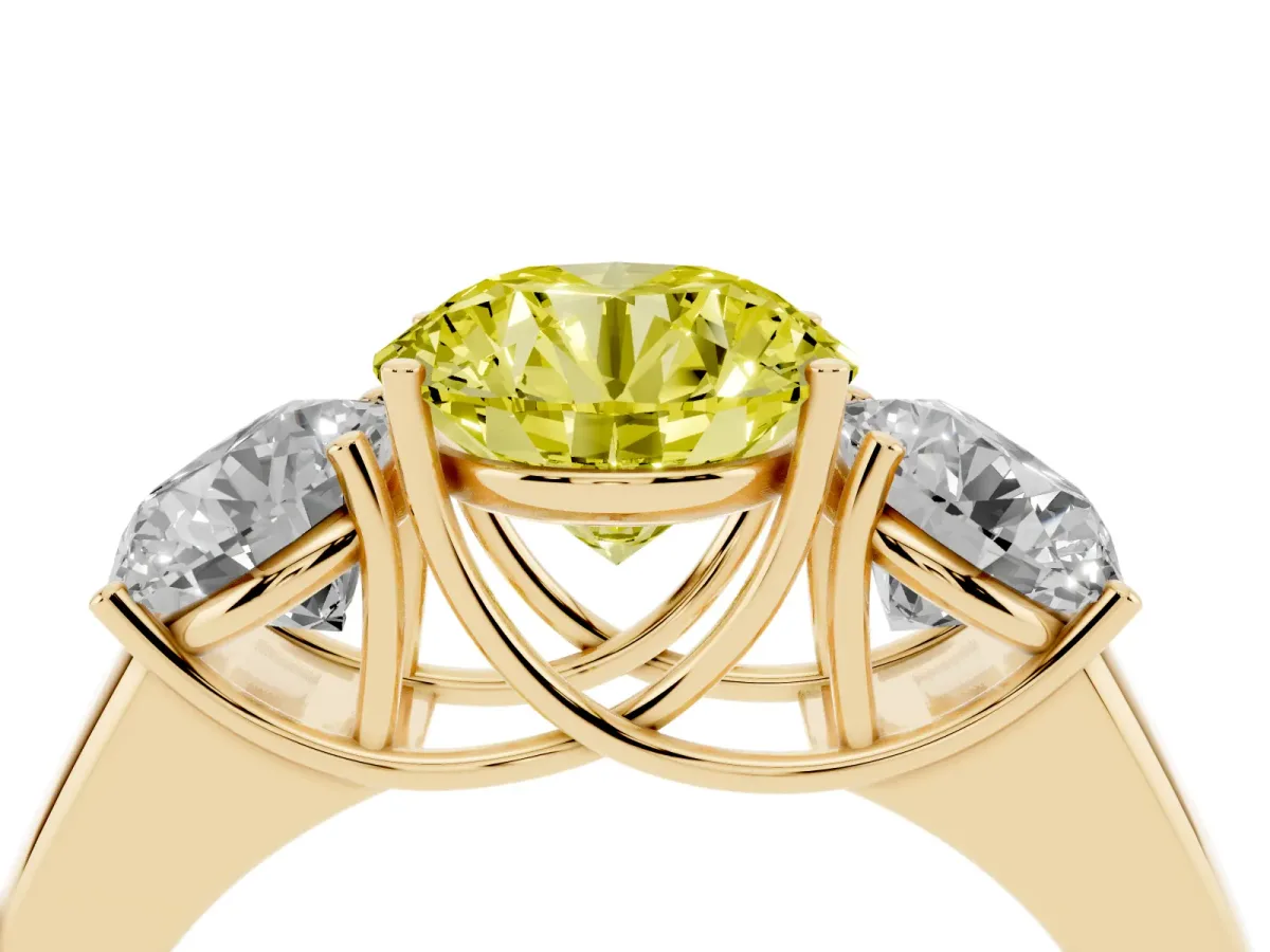 Fancy Yellow Three-Stone Round Cut Cut Diamond Ring with Prong Setting and Classic Band Yellow gold