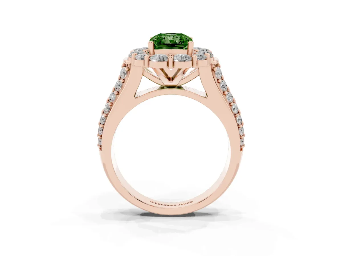 Fancy Green Radiant Cut Halo Diamond Engagement Ring with Split Shank and Prong Setting Rose gold
