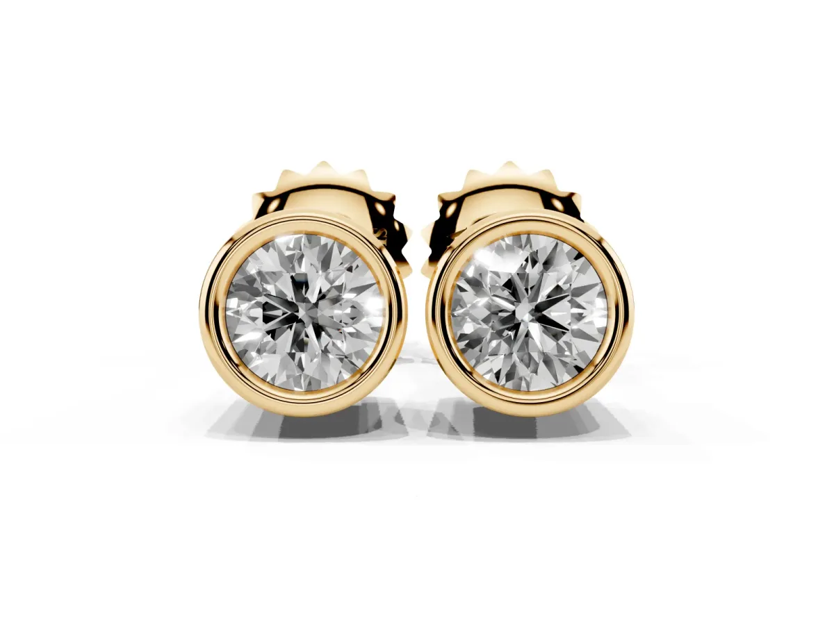 Bezel Set Round Diamond Stud Earrings with Push Back Yellow gold