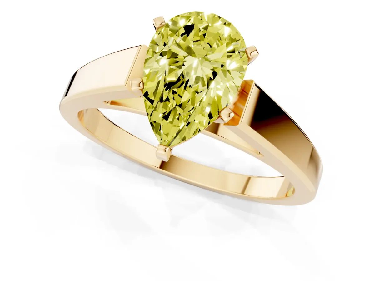 Fancy Yellow Pear Cut Solitaire Engagement Ring with Four-Prong Setting and Tapered Band Yellow gold