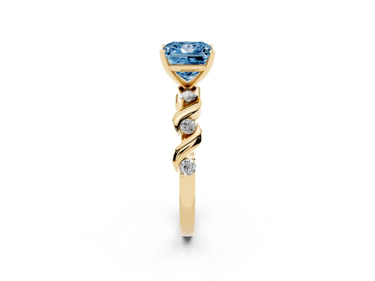 Fancy Blue Princess Cut Diamond Solitaire Twisted Band with Round Accents and Prong Setting Yellow gold