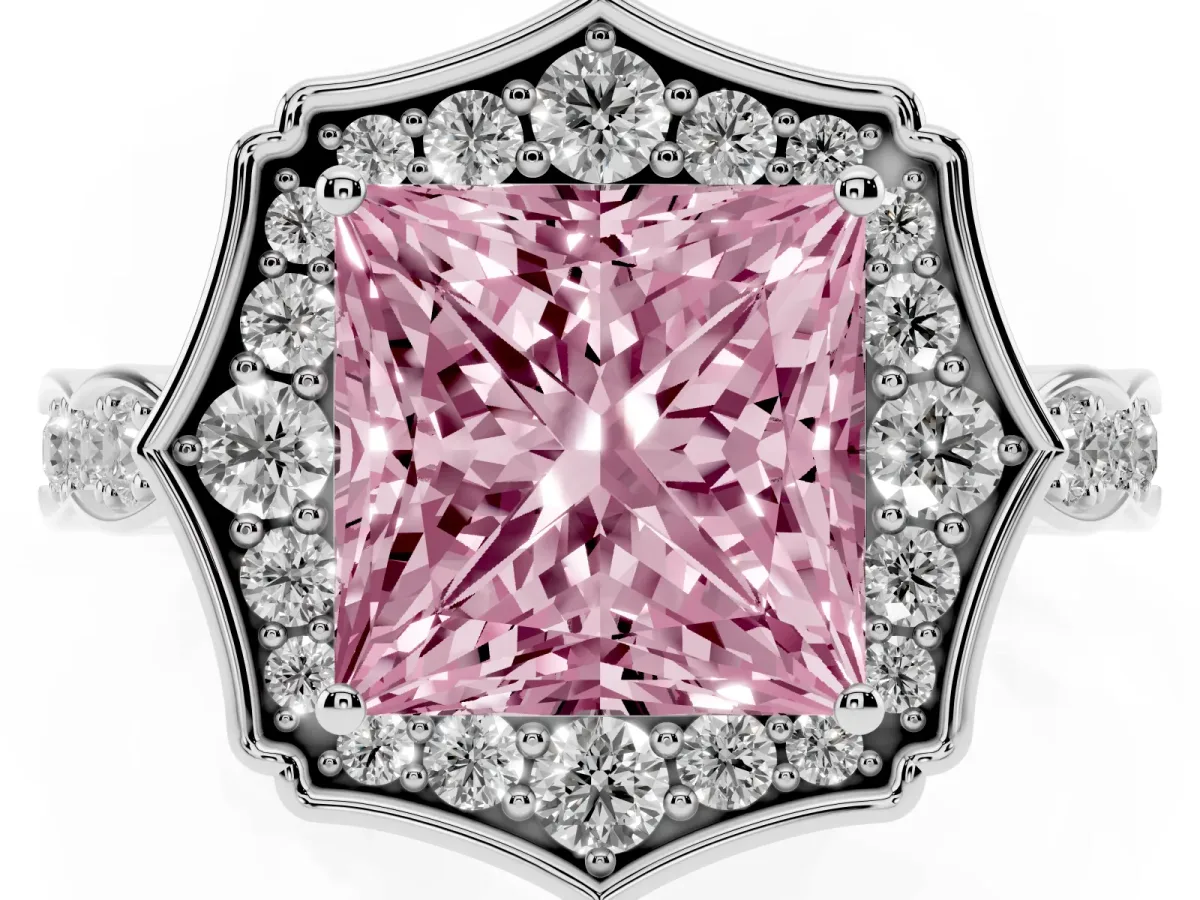 Fancy Pink Princess Cut Halo Diamond Engagement Ring with Milgrain Band and Four-Prong Setting Silver