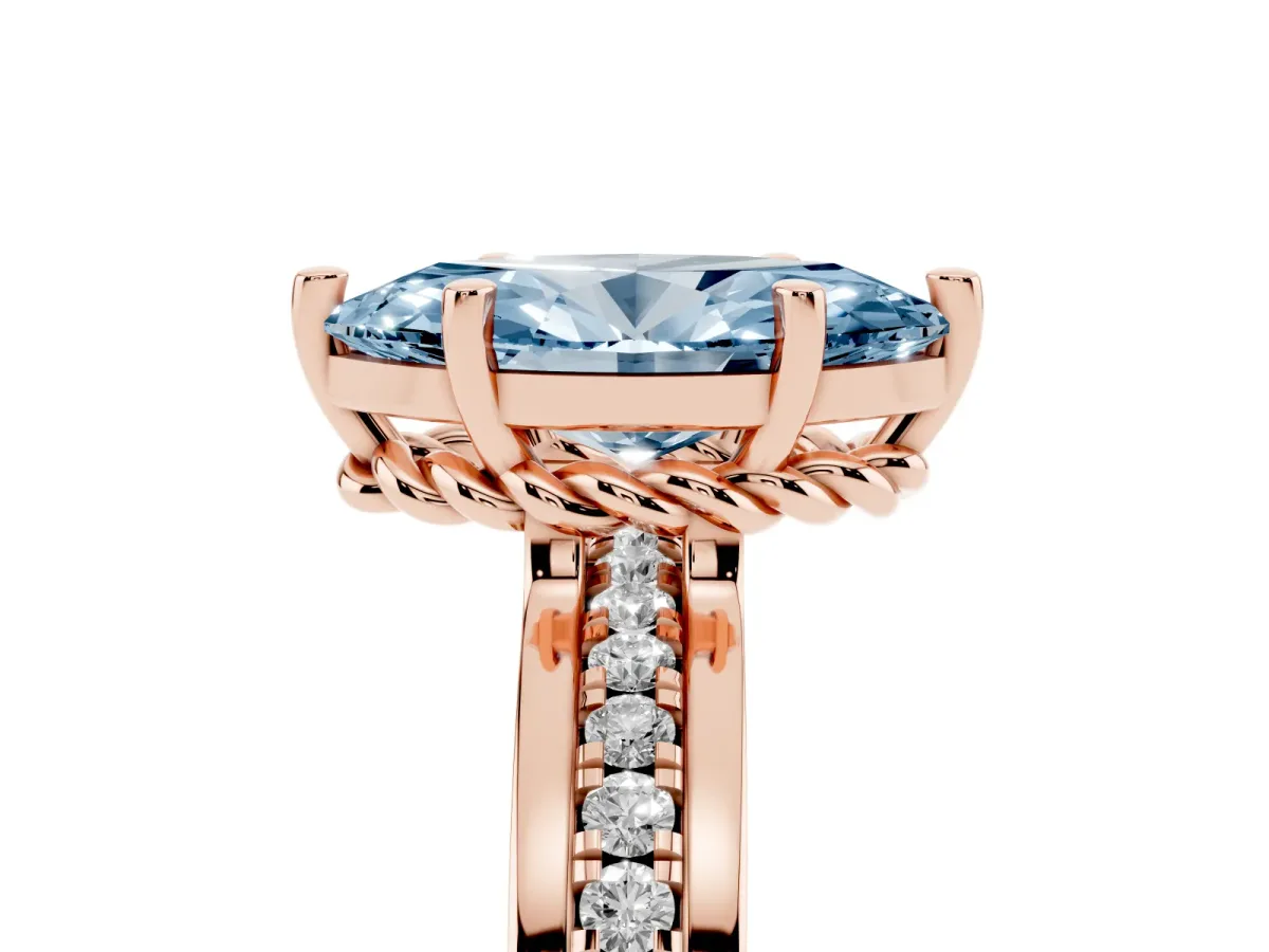 Fancy Blue Marquise Cut Solitaire Diamond Ring with Channel Set Band and Six-Prong Setting Rose gold