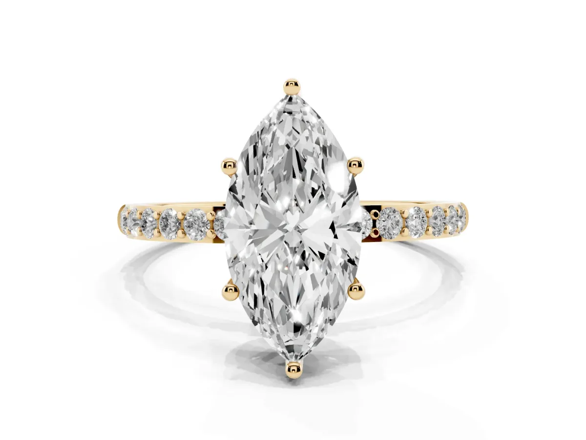 Marquise Cut Diamond Solitaire Ring with Round Pavé Shoulders and Prong Setting Yellow gold