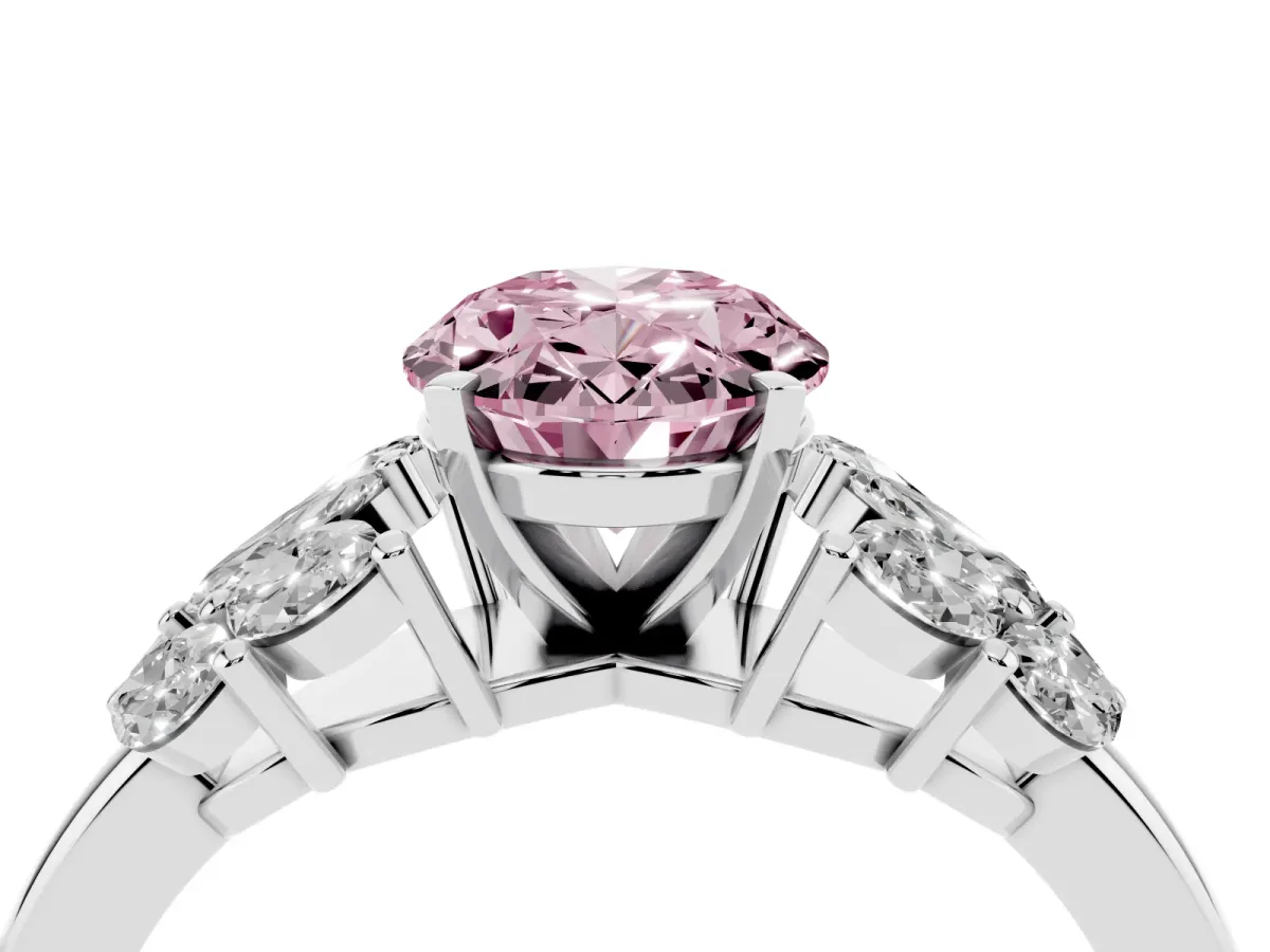 Fancy Pink Oval Cut Diamond Cluster Leaf Design Ring with Prong Setting Platinum