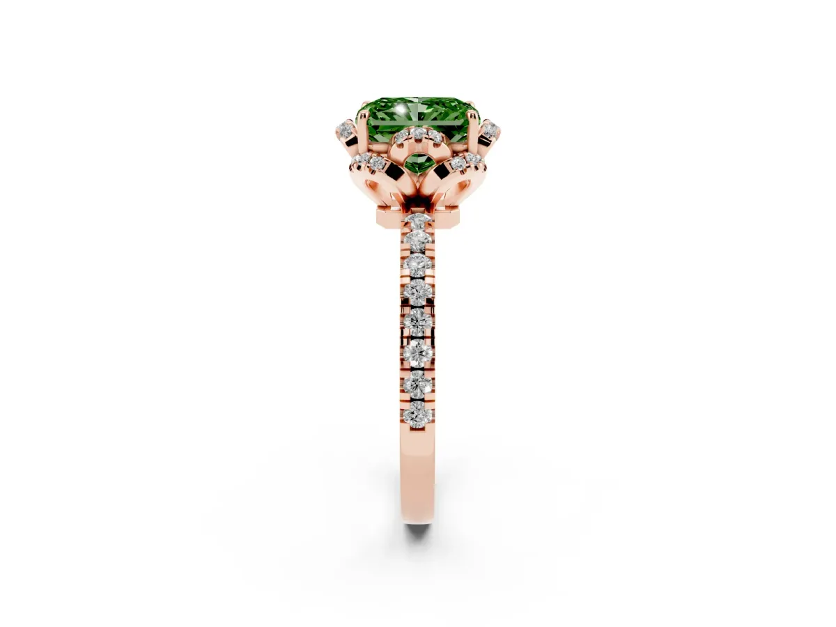 Fancy Green Radiant Cut Halo Diamond Pave Band Ring with Four-Prong Setting Rose gold