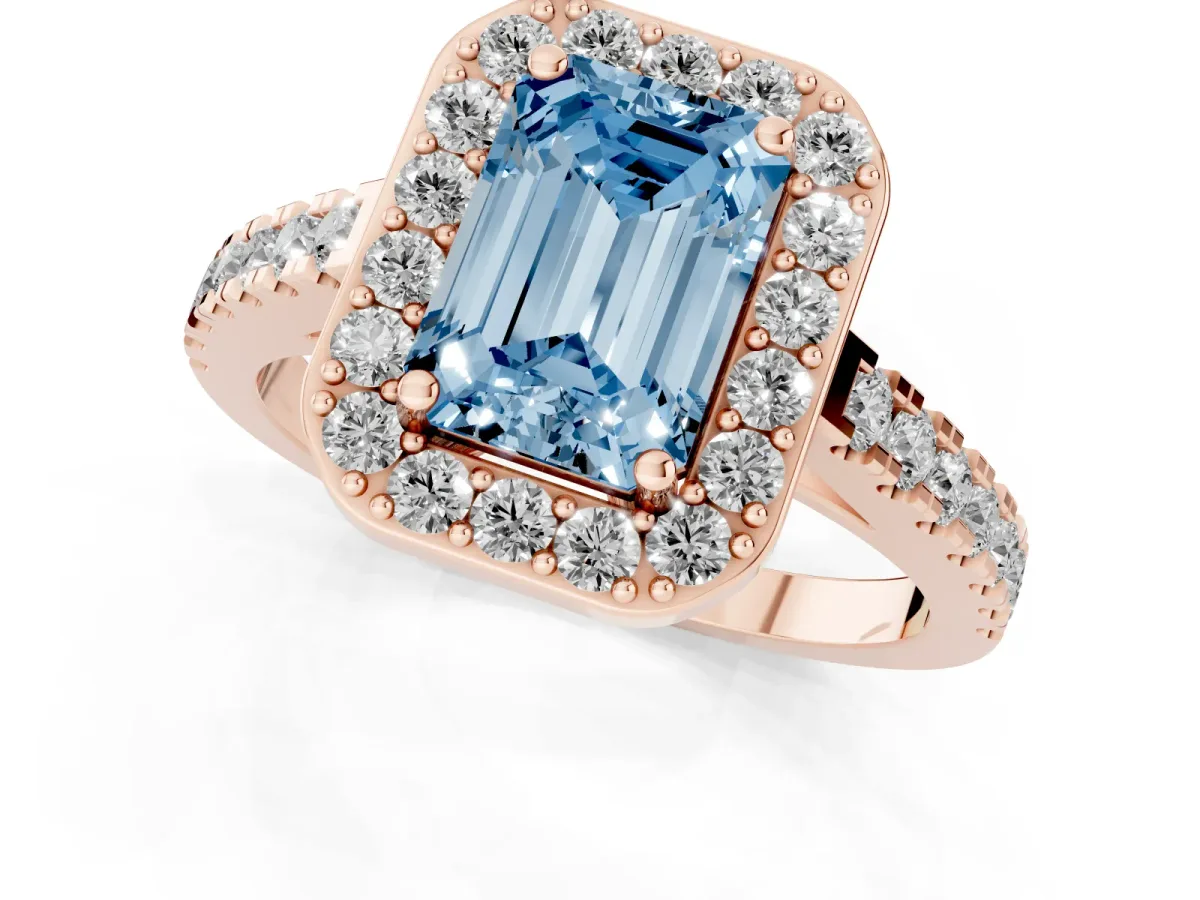 Fancy Blue Emerald Cut Diamond Halo Ring with Round Pavé Split Shank and Prong Setting Rose gold