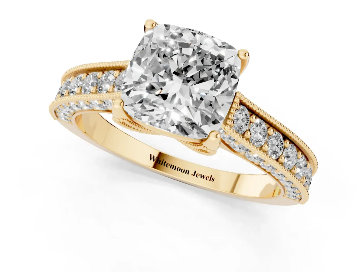 Cushion Cut Cut Diamond Solitaire Ring with Milgrain Pave Band and Four Prong Setting Yellow gold