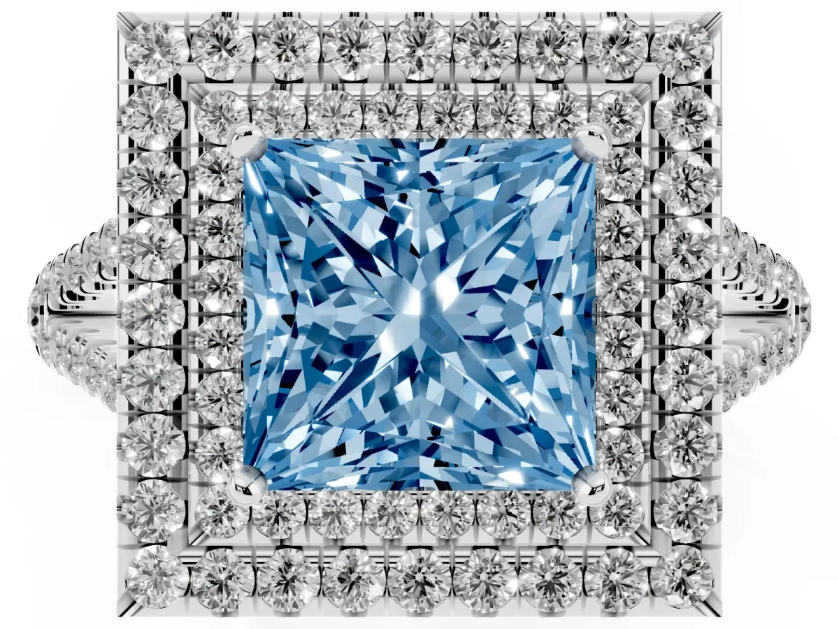 Fancy Blue Princess Cut Diamond Double Halo Ring with Pavé Band and Prong Setting Platinum