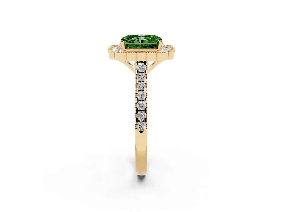Fancy Green Radiant Cut Cut Diamond Milgrain Floral Halo Engagement Ring with Pavé Band Yellow gold