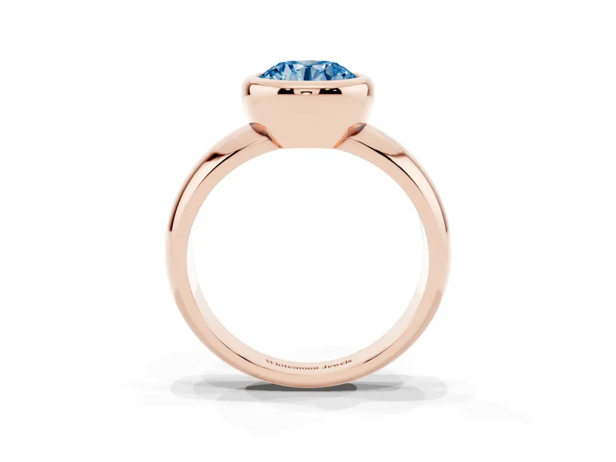 Fancy Blue Bezel Set Round Cut Solitaire Ring with Wide Band Rose gold