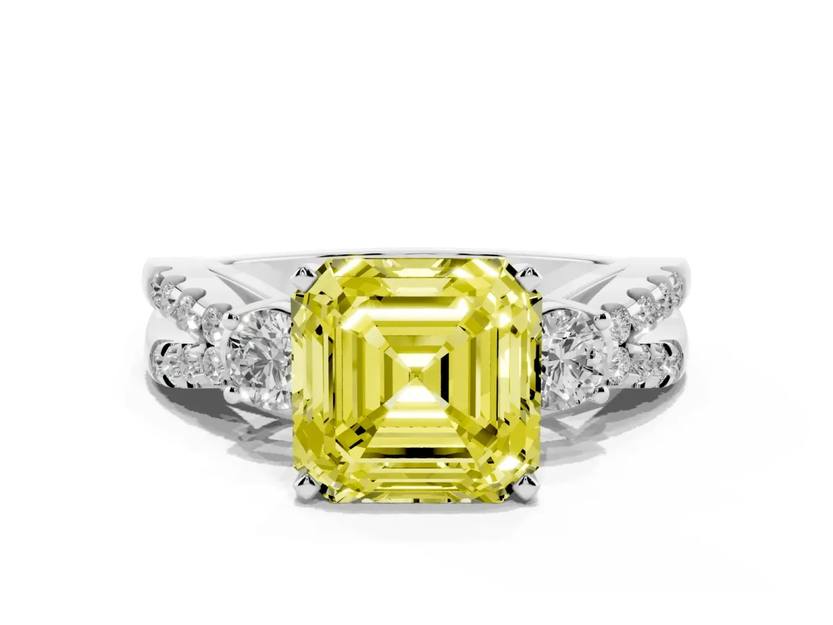 Fancy Yellow Asscher Cut Diamond Three-Stone Ring with Pavé Split Shank and Four-Prong Setting Silver