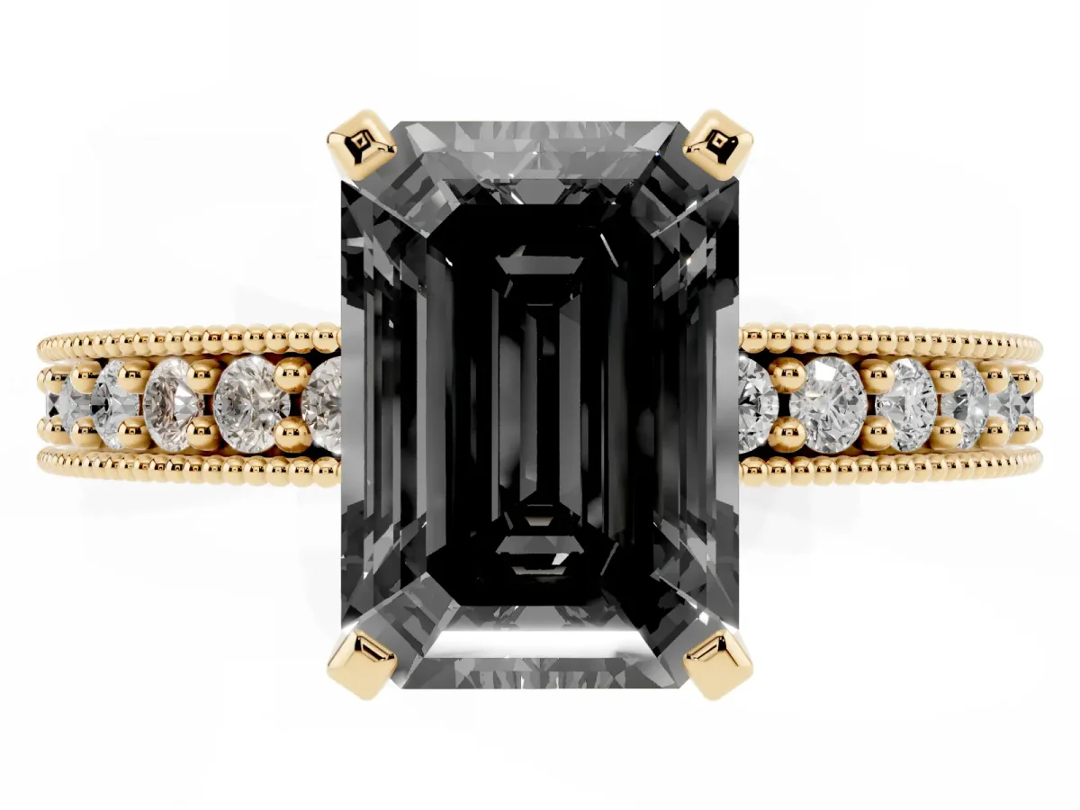 Fancy Black Emerald Cut Diamond Milgrain Pavé Engagement Ring with Four-Prong Setting Yellow gold