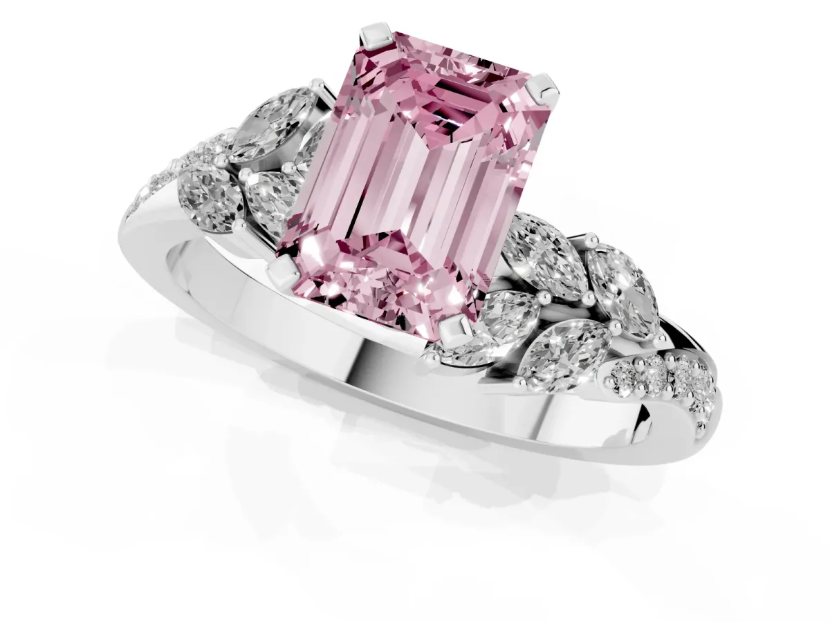 Fancy Pink Emerald Cut Solitaire Marquise Twist Band with Six-Prong Setting Silver