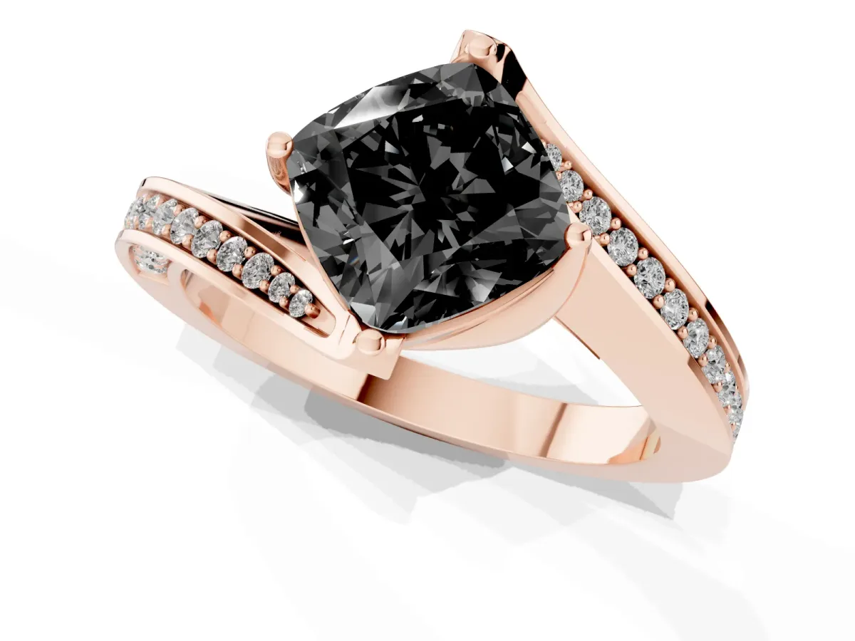 Fancy Black Cushion Cut Solitaire Diamond Twist Band with Pavé Setting and Four-Prong Setting Rose gold