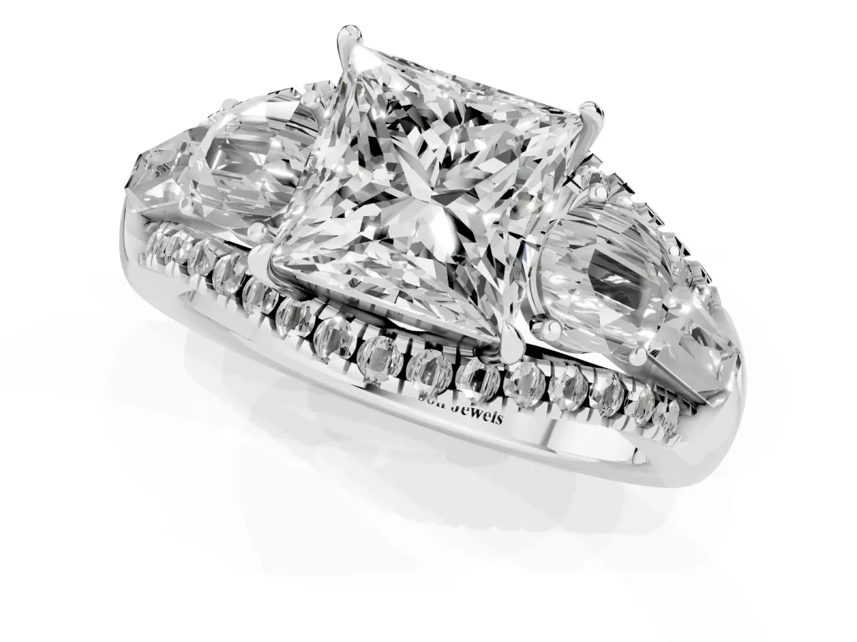 Three-Stone Princess Cut Diamond Engagement Ring with Pave Band and Prong Setting Silver
