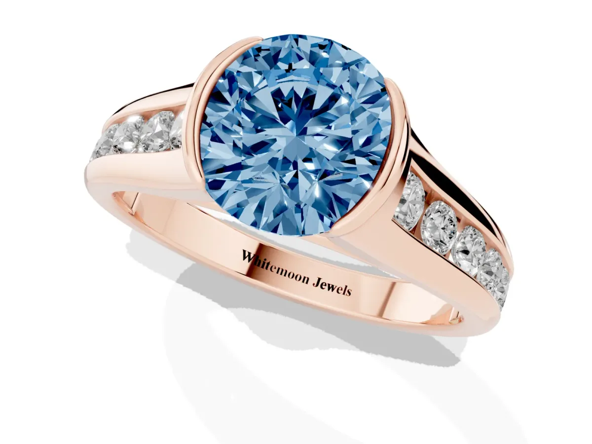 Fancy Blue Round Cut Solitaire Bezel-Set Diamond Ring with Channel-Set Band Rose gold