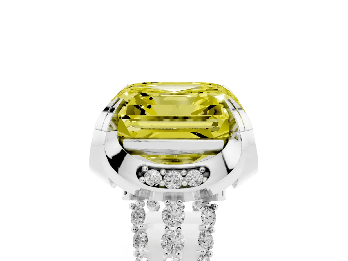 Fancy Yellow Asscher Cut Solitaire Pave Split Shank Ring with Four-Prong Setting Platinum