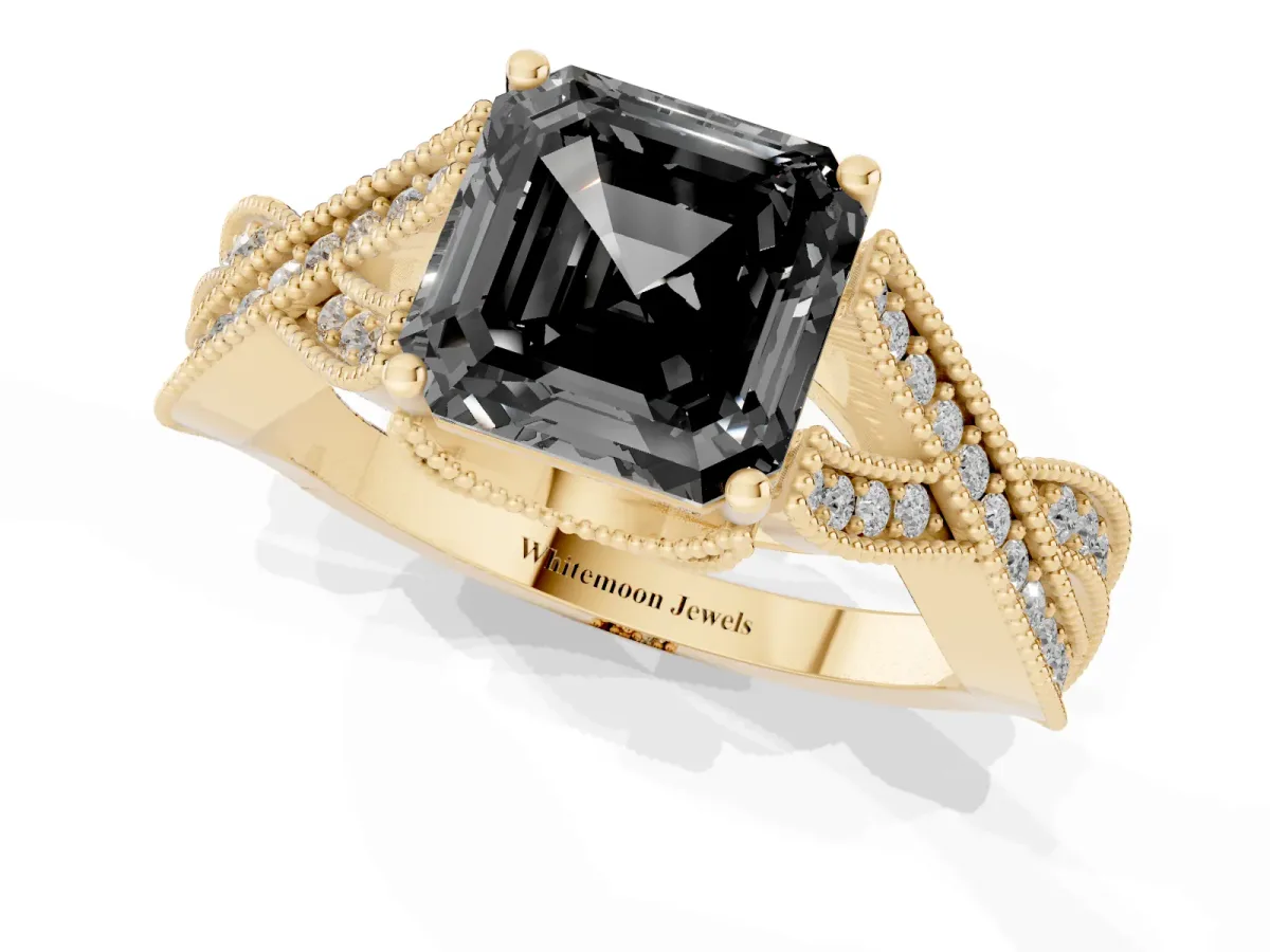 Fancy Black Asscher Cut Cut Diamond Twisted Band with Milgrain Pave Setting and Four-Prong Setting Yellow gold
