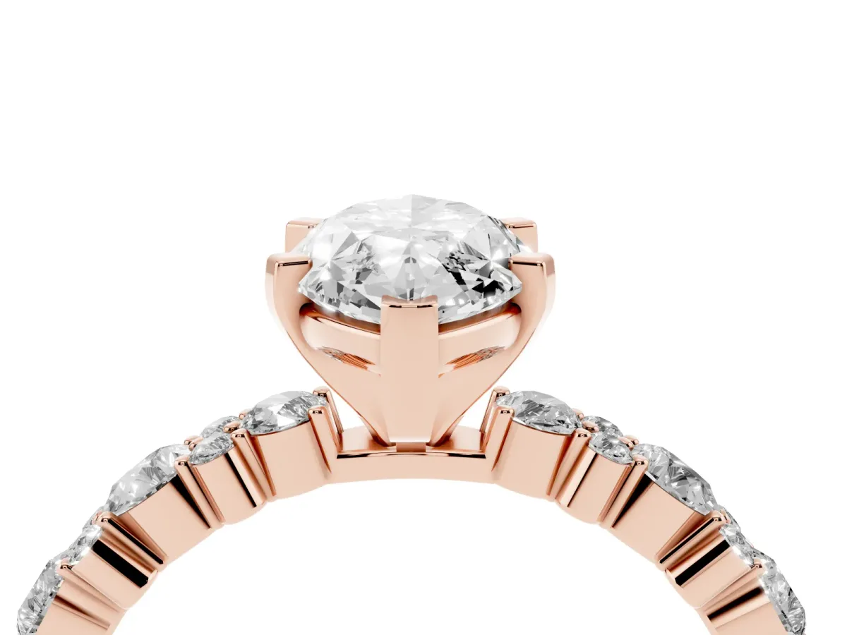 Marquise Cut Diamond Side Stone Solitaire Ring with Round and Four-Prong Setting Rose gold