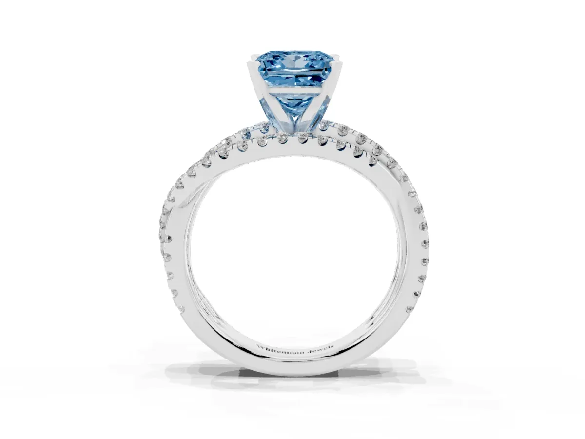 Fancy Blue Princess Cut Solitaire Twist Band with Pavé Setting and Four-Prong Setting Silver