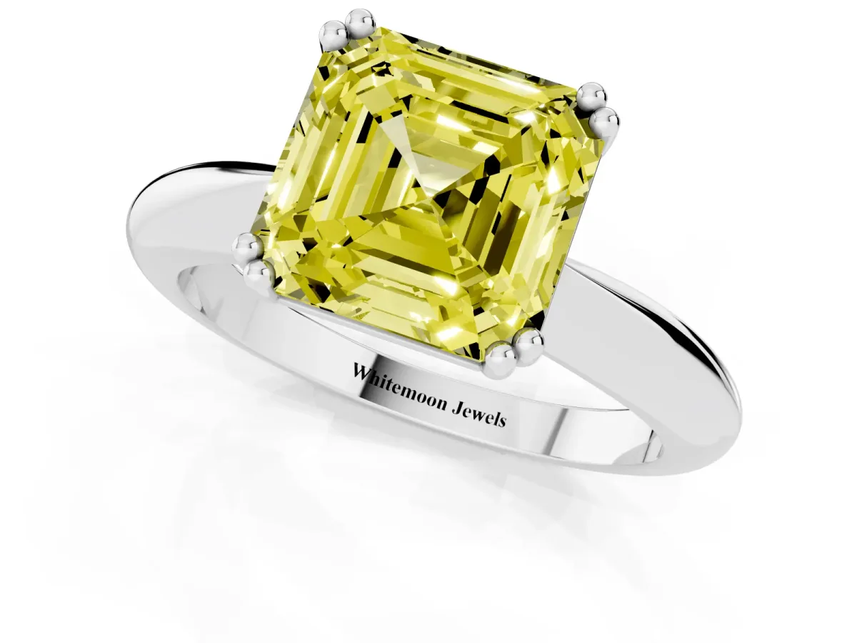 Fancy Yellow Asscher Cut Cut Solitaire Engagement Ring with Tapered Band and Four-Prong Setting Platinum