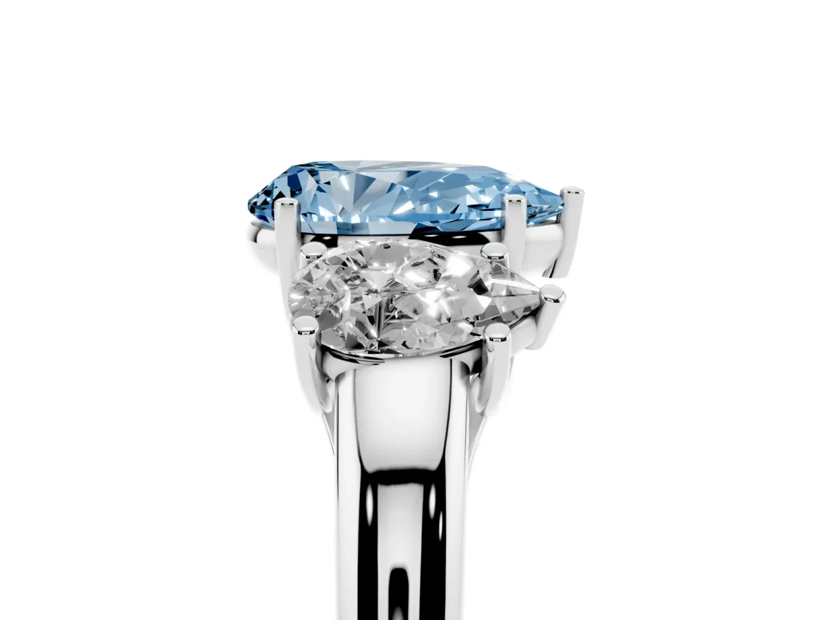 Fancy Blue Three-Stone Pear Cut Diamond Engagement Ring with Prong Setting Platinum