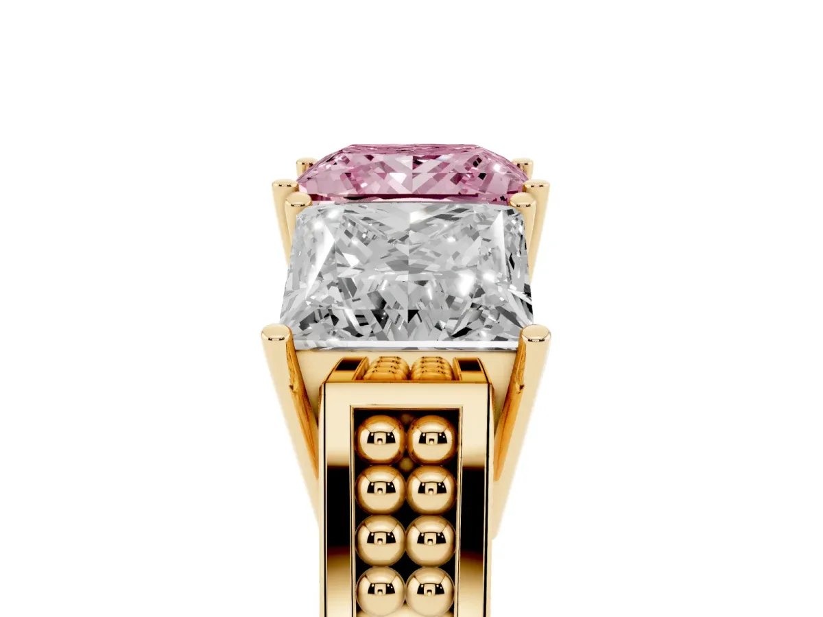Fancy Pink Princess Cut Diamond Three-Stone Ring with Prong Setting and Textured Band Yellow gold