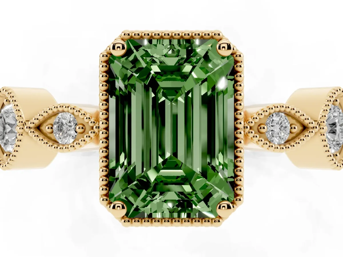 Fancy Green Emerald Cut Diamond Vintage Milgrain Ring with Round Stations Yellow gold