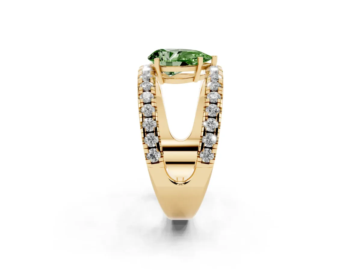 Fancy Green Pear Cut Solitaire Split Shank Pave Diamond Ring Yellow gold